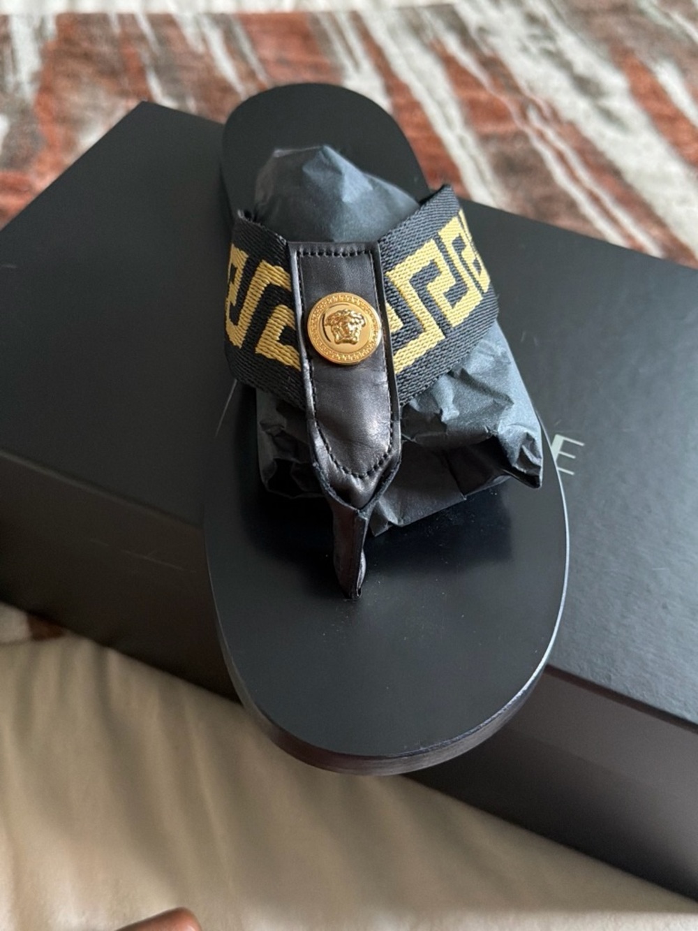Versace Black and Gold Greek Key Toe-Post Slide Sandal
